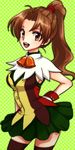  1girl bell brown_eyes brown_hair female gensou_suikoden gensou_suikoden_i gensou_suikoden_ii gomao hands_on_hips long_hair lowres meg_(suikoden) miniskirt open_mouth ponytail simple_background skirt solo suikoden suikoden_i suikoden_ii thigh-highs thighhighs 