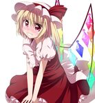  blonde_hair blush clenched_teeth flandre_scarlet haiiro_(immature) hat ponytail red_eyes short_hair side_ponytail simple_background solo tears teeth touhou wings 
