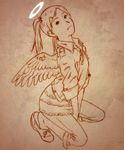  aaru_sentou_shuudan haibane_renmei halo kneeling midori_(haibane) monochrome orange_(color) shoe_dangle solo wings 