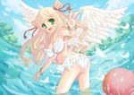  :d angel angel_wings ass ball beachball bikini blonde_hair blush bow butt_crack cloud day feathers green_eyes long_hair looking_back open_mouth original poyamu side-tie_bikini smile solo splashing swimsuit tree twintails wading waving white_bikini wings 