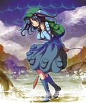  backpack bag blue_eyes blue_hair boots breasts hair_bobbles hair_ornament hat kawashiro_nitori key medium_breasts mishima_hiroji rubber_boots short_hair smile solo touhou twintails two_side_up wading 