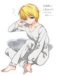  1boy blonde_hair blue_eyes full_body hunter_x_hunter kurapika male male_focus pajamas red_eyes rubbing_eyes short_hair simple_background sleepy solo white_background 