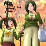  bag cameo gardevoir gen_1_pokemon gen_3_pokemon green_hair groceries holding_hands jewelry kirlia lowres mature multiple_girls necklace personification pikachu pokemoa pokemon power_lines ring scrunchie short_hair short_twintails smile spring_onion sunset twintails 