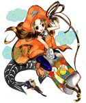  1girl bare_shoulders boots brown_eyes brown_hair cat eyepatch fingerless_gloves gloves guilty_gear hat may_(guilty_gear) orange_hat orange_shirt pantyhose pirate_hat shirt solo 