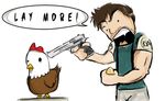  bird brown_hair chicken chris_redfield desert_eagle egg gun gun_to_head handgun male_focus resident_evil resident_evil_5 solo weapon 