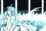  ahoge aqua_hair closed_eyes cross dress hatsune_miku headphones headset long_hair solo tanemaki_shirura twintails very_long_hair vocaloid 