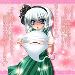  1girl black_hairband blue_eyes blush confession ghost hairband hitodama kagura_chitose konpaku_youmu konpaku_youmu_(ghost) ribbon short_hair silver_hair solo tears touhou translated 