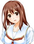  big_wednesday brown_eyes brown_hair head_tilt hoshino_yuumi kibina_high_school_uniform kimi_kiss looking_at_viewer open_mouth school_uniform simple_background smile solo white_background 