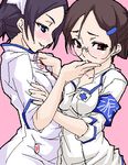  blush e-zona glasses hair_ornament hairclip long_sleeves lowres multiple_girls nurse original yuri 