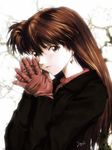  brown_hair earrings gloves hands_together jewelry kobayashi_yuuji long_hair long_sleeves neon_genesis_evangelion own_hands_together signature smile solo souryuu_asuka_langley upper_body watermark 