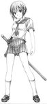  big_wednesday from_below full_body greyscale katana kurogane_otome legs_apart loafers monochrome pleated_skirt school_uniform shoes short_hair simple_background skirt socks solo standing sword tsuyokiss weapon white_background 