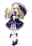  artist_request blonde_hair bow capelet dress drill_hair gothic_lolita green_eyes hairband holding holding_umbrella kneehighs lace lace_trim lolita_fashion long_hair long_sleeves maria_balthasar mary_janes open_mouth parasol ribbon ribbon_trim shoes smile socks solo umbrella white_legwear xenogears 