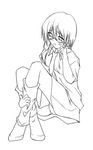  blush boots glasses greyscale kneehighs kurokawa_minamo lineart loose_socks monochrome necktie open_mouth sakura_yuu school_uniform short_hair side_ponytail sitting socks solo yubisaki_milk_tea 