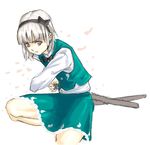  fighting_stance konpaku_youmu long_sleeves petals simple_background solo star_(starpage) sword touhou weapon 