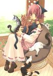  animal animal_hat bangs bare_shoulders bell black_cat blush calico cat chair collar dress full_body hairband hat irumo_haruaki jingle_bell long_sleeves original pantyhose red_eyes red_hair ribbon-trimmed_clothes ribbon-trimmed_sleeves ribbon_trim short_hair siamese_cat sitting smile solo too_many too_many_cats veranda wooden_floor 