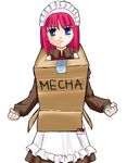  blue_eyes box cardboard_box cardboard_box_gundam hisui kairakuen_umenoka long_sleeves maid maid_headdress mecha mecha_hisui melty_blood parody pink_hair solo tsukihime white_background 