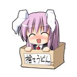  animal_ears blush box bunny_ears cardboard_box chibi closed_eyes for_adoption happy in_box in_container kurikara long_hair lowres necktie open_mouth purple_hair reisen_udongein_inaba solo touhou translated 