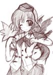  animal_on_arm bangs bird bird_on_arm brown crow hat looking_at_viewer monochrome sakuno_shikine shameimaru_aya sketch skirt solo tokin_hat touhou 