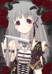  belt blush copyright_request cutting_hair dagger flower gloves hair_ornament hair_ribbon hairclip holding holding_hair jewelry knife long_hair mikazukimo necklace open_mouth reverse_grip ribbon ring rose severed_hair silver_hair solo very_long_hair weapon 