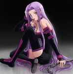 bare_shoulders boots breasts collar detached_sleeves eyewear_in_mouth fate/stay_night fate_(series) glasses hand_on_head long_hair medium_breasts mouth_hold nameless_dagger purple_hair rider sitting solo thigh_boots thighhighs tsuyadashi_shuuji very_long_hair weapon yellow_eyes 
