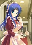  apron blue_hair cup dress frills green_eyes hallway indoors juliet_sleeves long_hair long_sleeves maid maid_apron maid_headdress niwatoriya original puffy_sleeves red_dress ribbon solo sugar_cube teacup teapot tray upper_body 