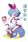  2005 blue_hair bow disgaea harada_takehito long_sleeves lowres makai_senki_disgaea nippon_ichi original pleinair pointy_ears prinny red_eyes sitting sitting_on_person solo 