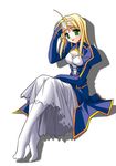  ahoge artoria_pendragon_(all) blonde_hair cleavage_cutout fate/stay_night fate_(series) green_eyes hair_down hand_on_own_forehead kitamiya_genbu long_sleeves open_mouth pantyhose saber shoulder_pads simple_background sitting solo white_background white_legwear 