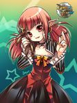  bow collar dress dungeon_and_fighter ear_piercing earrings fang fantasy frills jewelry long_sleeves mage_(dungeon_and_fighter) piercing pink_hair pointy_ears red_eyes shirahane_nao solo spikes star starry_background twintails voodoo 