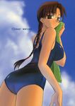  braid brown_hair glasses highres hoshina_tomoko long_hair one-piece_swimsuit school_swimsuit single_braid solo swimsuit to_heart towel tsuina wet 