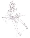  apple arrow belt bike_shorts boots bow_(weapon) food food_as_clothes fruit full_body greyscale hunter_(ragnarok_online) legs long_hair long_sleeves looking_away midriff monochrome navel nyaou ponytail ragnarok_online serious solo standing thigh_strap weapon 