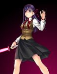  energy_sword fate/stay_night fate_(series) hair_ribbon homurahara_academy_uniform lightsaber long_hair long_sleeves matou_sakura norizou_type-r purple_eyes purple_hair ribbon school_uniform solo star_wars sword weapon 