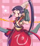  bow_(weapon) copyright_request elbow_gloves elf gloves hair_tubes long_hair otter_kawauso pointy_ears ponytail purple_hair red_eyes skirt solo weapon 
