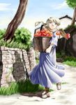  apple artist_request blonde_hair blue_eyes braid bucket carrying copyright_request food fruit grass long_sleeves nature open_mouth skirt solo spilling stone_wall tree wall 