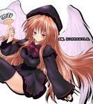  angel_wings bangs black_dress black_legwear blonde_hair blush breasts capelet dress fan hat lily_black lily_white long_hair long_sleeves lowres luftbox medium_breasts paper_fan seductive_smile sidelocks simple_background sitting smile solo thighhighs thighs touhou uchiwa very_long_hair white_background wide_sleeves wings zettai_ryouiki 