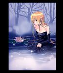  bare_shoulders blonde_hair braid brown_eyes choker detached_sleeves dress elf flat_chest lily_pad long_hair original pointy_ears refeia skirt_hold solo strapless strapless_dress water wet 