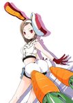  animal_ears brown_hair bunny_ears carrot densha_otoko getsumento_heiki_miina gloves hairband kubyou_azami midriff red_eyes red_gloves short_hair solo tail tsukishiro_mina 