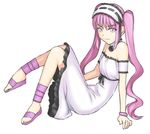  arm_support bare_shoulders bracelet dress euryale fate/hollow_ataraxia fate/stay_night fate_(series) frills full_body gothic hairband jewelry legs long_hair looking_at_viewer pink_eyes pink_hair ribbon simple_background sitting smile solo stheno tanaka_shoutarou twintails very_long_hair white_background 