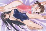  armpits arms_behind_back arms_up barefoot black_hair blue_eyes blush breasts brown_hair casual_one-piece_swimsuit cleavage competition_school_swimsuit feet kuroda_kazuya large_breasts long_hair lying mizushima_asa multiple_girls on_back one-piece_swimsuit red_eyes shiny shiny_clothes sora_no_iro_mizu_no_iro sorayama_natsume swimsuit thigh_gap thighs toes wide_hips 