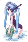  blue_hair chestnut_mouth diving_mask diving_mask_on_head food fruit holding holding_food holding_fruit kiira kooh one-piece_swimsuit pangya purple_eyes school_swimsuit snorkel solo swimsuit twintails wading water watermelon 