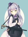  1girl apron assault_rifle black_apron black_bow black_hairband blue_background blush bow closed_mouth commentary_request dress facial_mark frilled_apron frills girls_frontline green_eyes gun hair_bow hairband hat head_tilt heart heckler_&amp;_koch hk416 hk416_(girls_frontline) long_hair looking_at_viewer maid_apron mini_hat mini_top_hat object_namesake one_side_up purple_hat rifle signature silltare silver_hair solo tilted_headwear top_hat two-tone_background two_side_up very_long_hair weapon white_background white_dress 