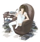  armchair artist_request book book_stack brown_hair chair copyright_request garter_belt glasses knee_up long_hair paper quill sitting solo thighhighs white_legwear 