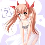  ? artist_request bare_shoulders blush bow brown_eyes brown_hair copyright_request ribbon see-through solo spoken_question_mark twintails 