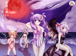  bat_wings beach bikini crescent crescent_hair_ornament flandre_scarlet full_moon hair_ornament innertube izayoi_sakuya long_hair low-tied_long_hair moon moru_pomu_po multiple_girls night patchouli_knowledge red_moon remilia_scarlet siblings sisters striped striped_swimsuit swimsuit touhou vertical-striped_bikini vertical_stripes wings 