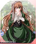  brown_hair drill_hair long_hair long_sleeves one_eye_closed rozen_maiden ruku_(alicecreation) solo suiseiseki very_long_hair 