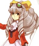  blush bow cravat drill_hair goggles goggles_on_head green_eyes grey_hair long_hair long_sleeves looking_at_viewer maria_balthasar simple_background skirt smile solo upper_body white_background white_skirt xenogears yellow_bow yu_65026 
