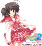  2005 ahoge brown_hair copyright_name dated long_sleeves looking_at_viewer miniskirt mitsumi_misato petals red_eyes school_uniform serafuku short_hair skirt skirt_basket smile solo standing to_heart_2 twintails wind yuzuhara_konomi 