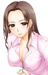  big_wednesday breasts brown_eyes brown_hair forehead kawada_tomoko kimi_kiss large_breasts long_hair long_sleeves shirt simple_background smile solo unzipping upper_body white_background 