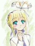  ahoge artist_request artoria_pendragon_(all) blonde_hair blouse directional_arrow fate/stay_night fate_(series) helicopter_hair long_sleeves looking_up lowres parted_lips saber sketch solo traditional_media 
