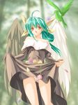  :d ahoge animal artist_request ass_visible_through_thighs asymmetrical_wings bird blurry blurry_background brown_dress collarbone depth_of_field dizzy dress dress_lift flower green_hair guilty_gear long_sleeves looking_at_viewer open_mouth outdoors panties pantyshot pantyshot_(standing) red_eyes skirt_basket smile solo standing strapless strapless_dress thighs underwear upskirt white_panties wings 
