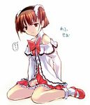  1girl artist_request brown_eyes brown_hair child cosplay hairband short_hair sincere sitting solo spoken_ellipsis twintails wariza yashiro_seo 